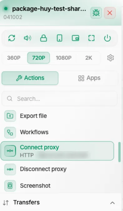Hàng Connect proxy trong viewer, viền xanh khi đang nối, kèm địa chỉ proxy ở dòng thứ hai (địa chỉ đã được làm mờ trong ảnh)