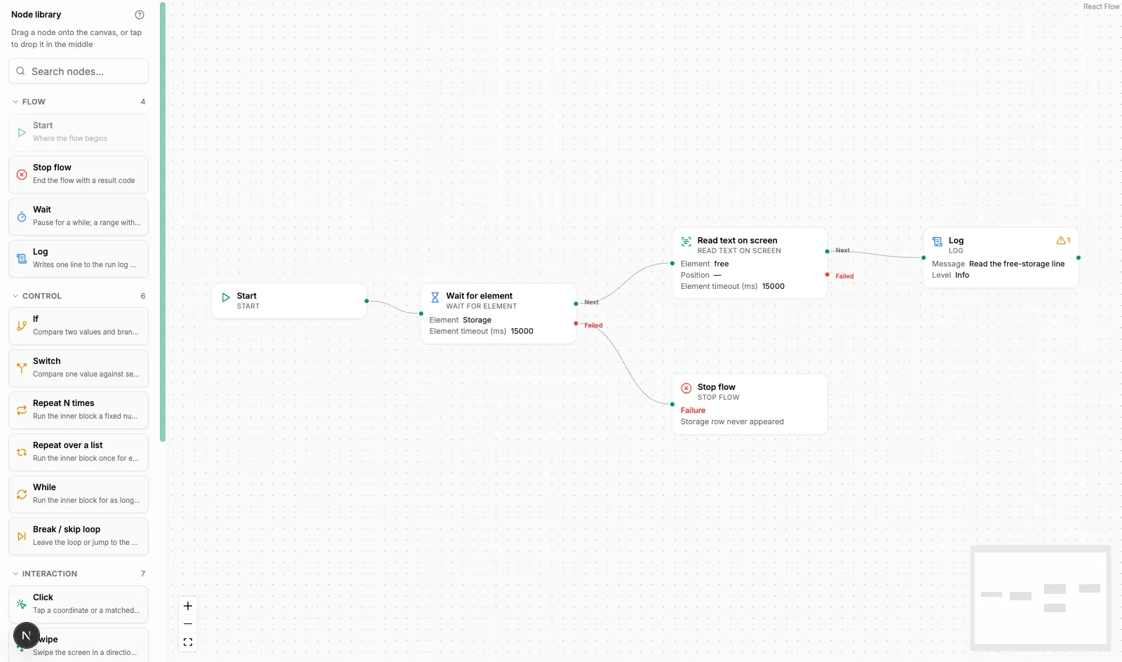 A flow that waits for an element then reads text on screen: the Next output continues to the read, the Failed output goes to a Stop flow node