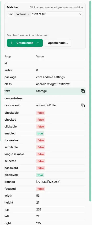 The Details area of the UI Inspector: the Matcher block with the condition text contains Storage, the line Matches 1 element on this screen, and the element's Prop/Value table
