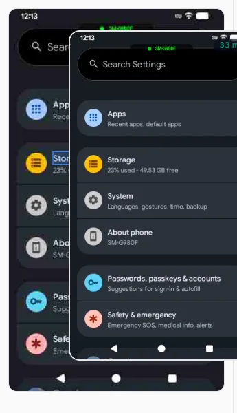 The Screen area of the UI Inspector: a screenshot of the device with the Storage element outlined