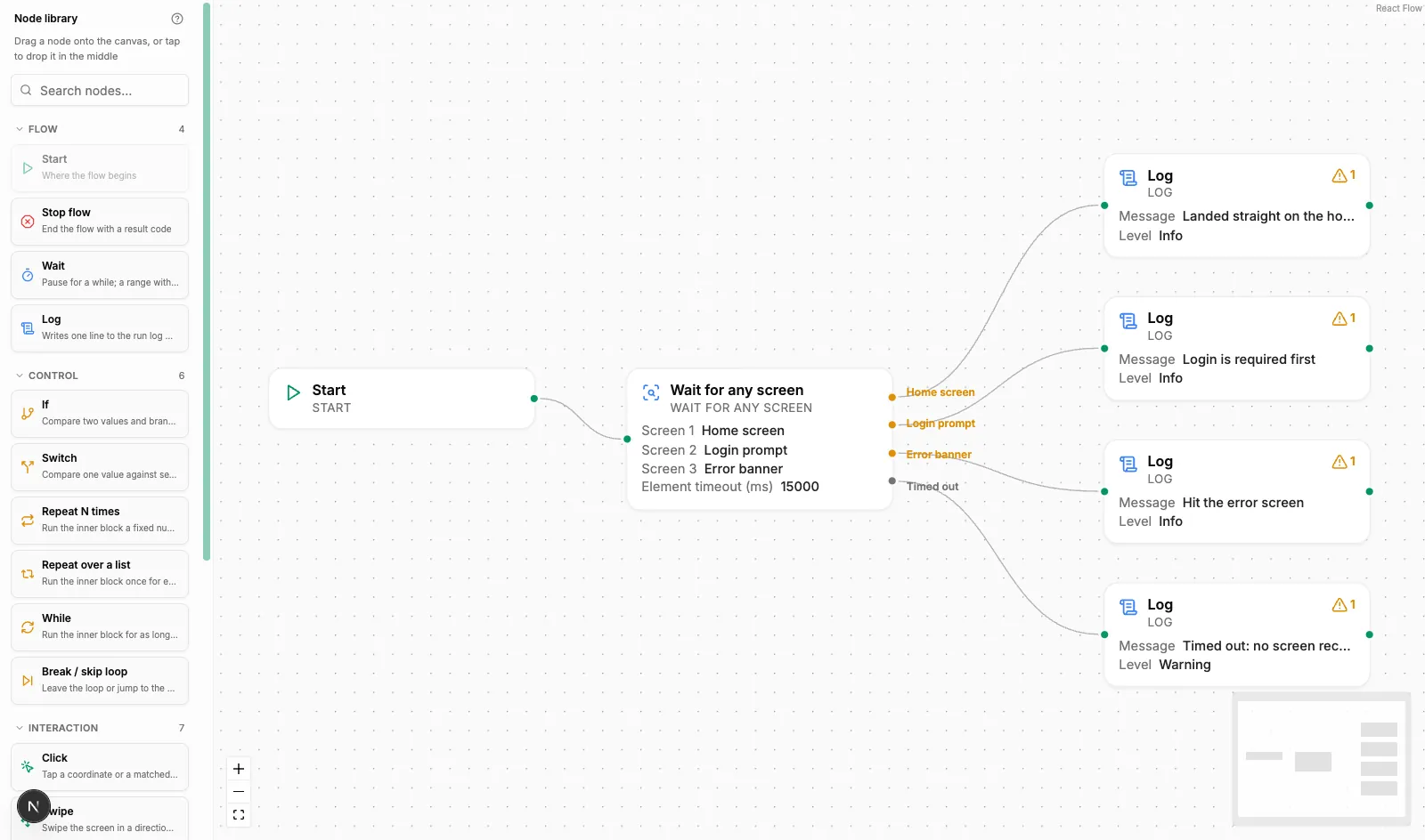 A flow using Wait for any screen: three named branches — Home screen, Login prompt, Error banner — plus the Timeout branch, each wired to a Log node
