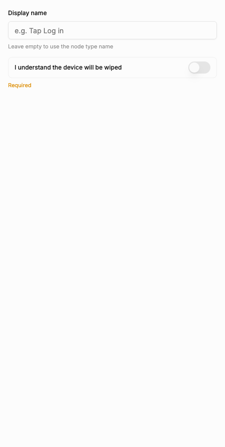 The Factory reset property panel, with its single required checkbox: I understand the device will be wiped