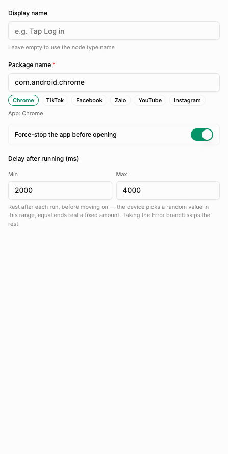 The Open app property panel: the Package name field, the quick-pick app buttons, and the Force-stop the app before opening switch