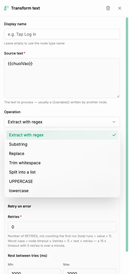 The Transform text property panel with the Operation list open: Extract with regex, Substring, Replace, Trim whitespace, Split into a list, UPPERCASE, lowercase