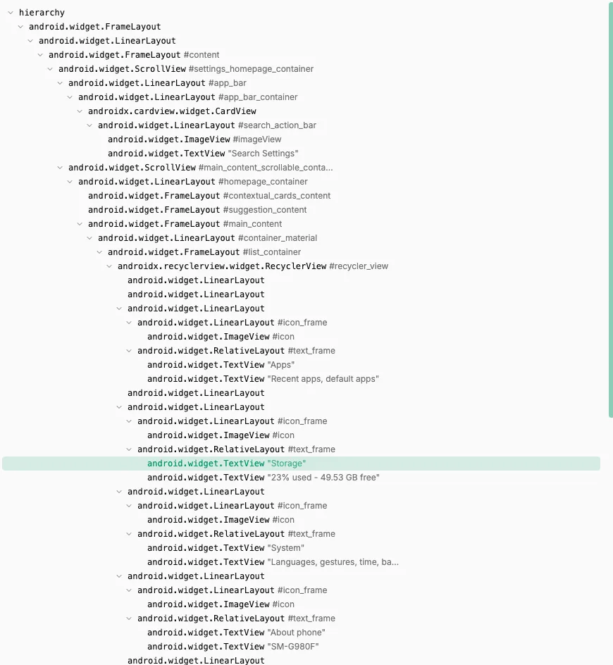Vùng Cây của UI Inspector: danh sách phân cấp mọi phần tử trên màn hình, dòng TextView Storage đang được chọn