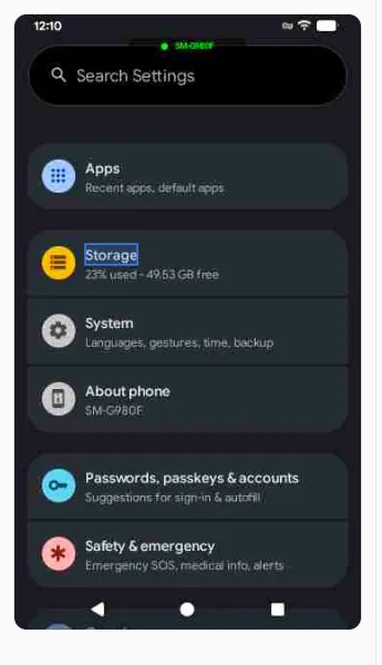 Vùng Màn hình của UI Inspector: ảnh chụp màn hình máy, phần tử Storage đang được khoanh chọn