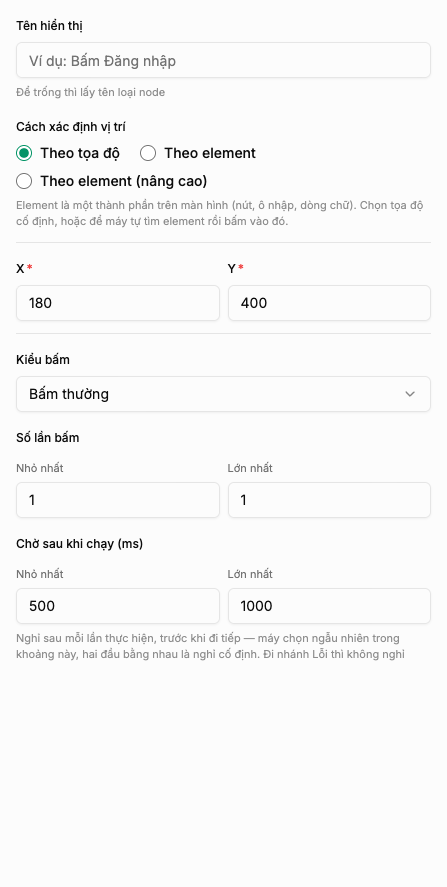 Bảng thuộc tính node Bấm, phần Cách xác định vị trí với ba lựa chọn: Theo tọa độ, Theo element, Theo element (nâng cao)