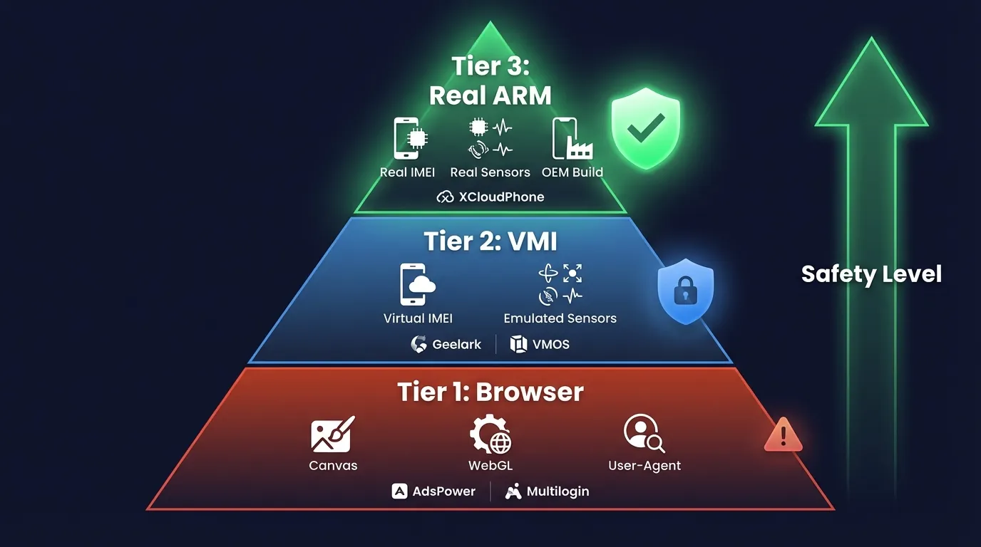 3-tier fingerprint model: Tier 1 Browser Spoofing, Tier 2 VMI Virtual Device, Tier 3 Real ARM Hardware 3-tier fingerprint model: Tier 1 Browser Spoofing, Tier 2 VMI Virtual Device, Tier 3 Real ARM Hardware
