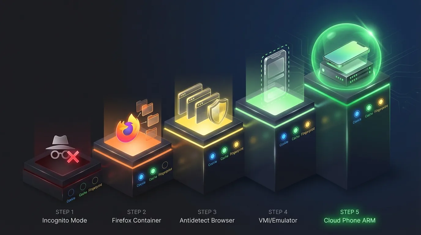 5 levels of environment isolation for multi-accounting — from incognito mode to real ARM Cloud Phone