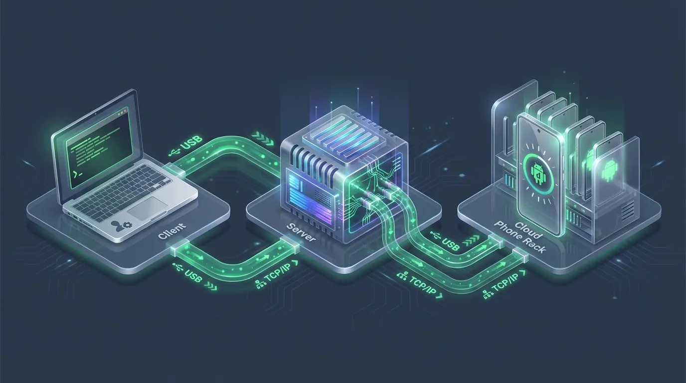 ADB Architecture (Client → Server → Daemon) enabling remote Cloud Phone control via TCP/IP
