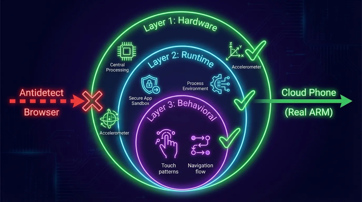 3 layers of mobile app SDK detection: Hardware Layer, Runtime Layer, Behavioral Layer — antidetect browsers cannot reach hardware 3 layers of mobile app SDK detection: Hardware Layer, Runtime Layer, Behavioral Layer — antidetect browsers cannot reach hardware