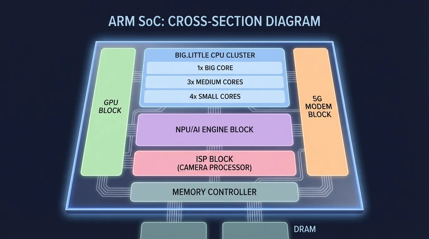ARM SoC design — CPU GPU NPU and Modem integrated on a single chip for compact efficient smartphones