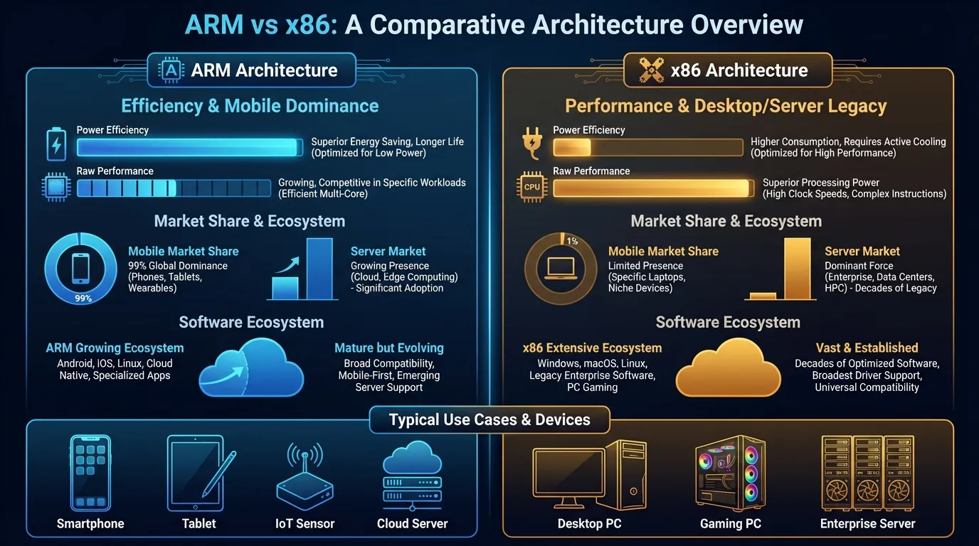 ARM vs x86 comprehensive comparison from instruction set architecture to real-world applications