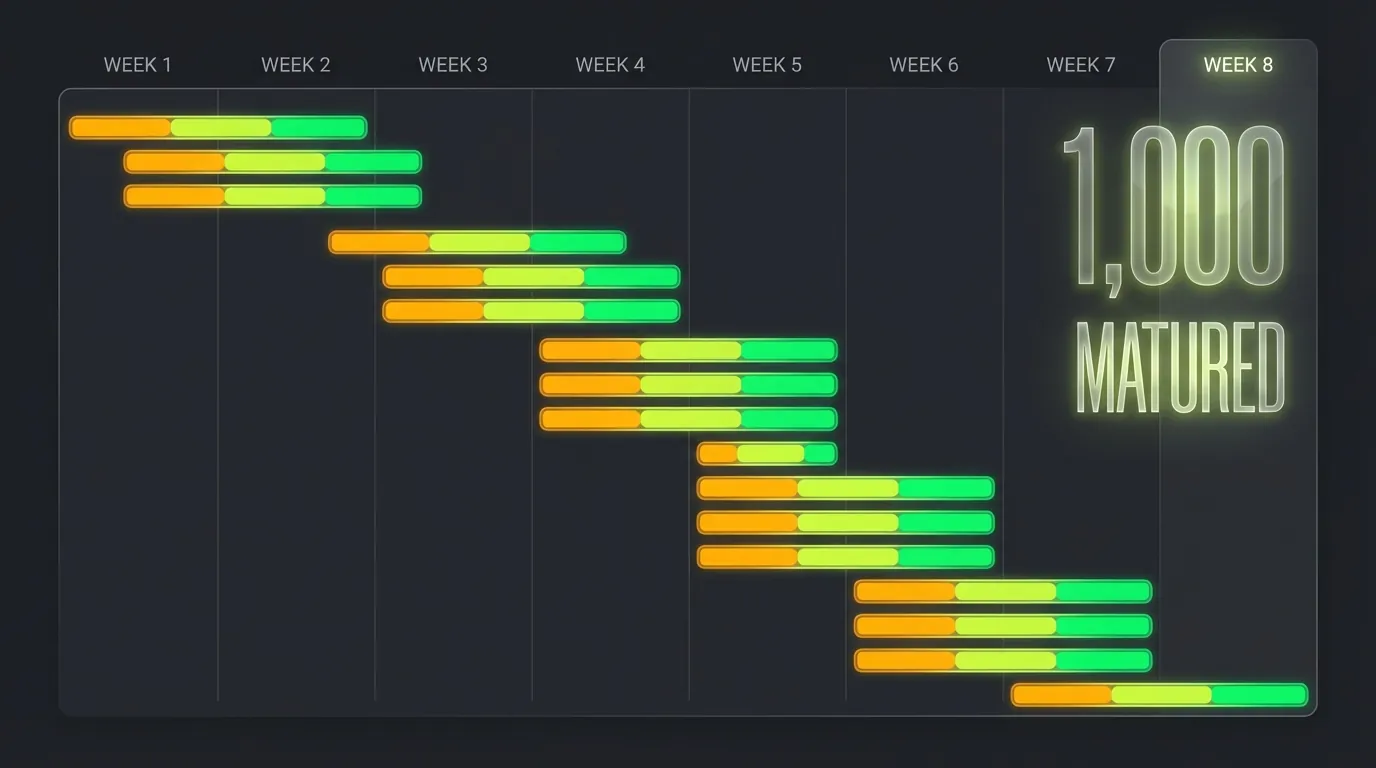 60-day staggered warm-up timeline showing 20 batches of 50 accounts launching in waves across 8 weeks