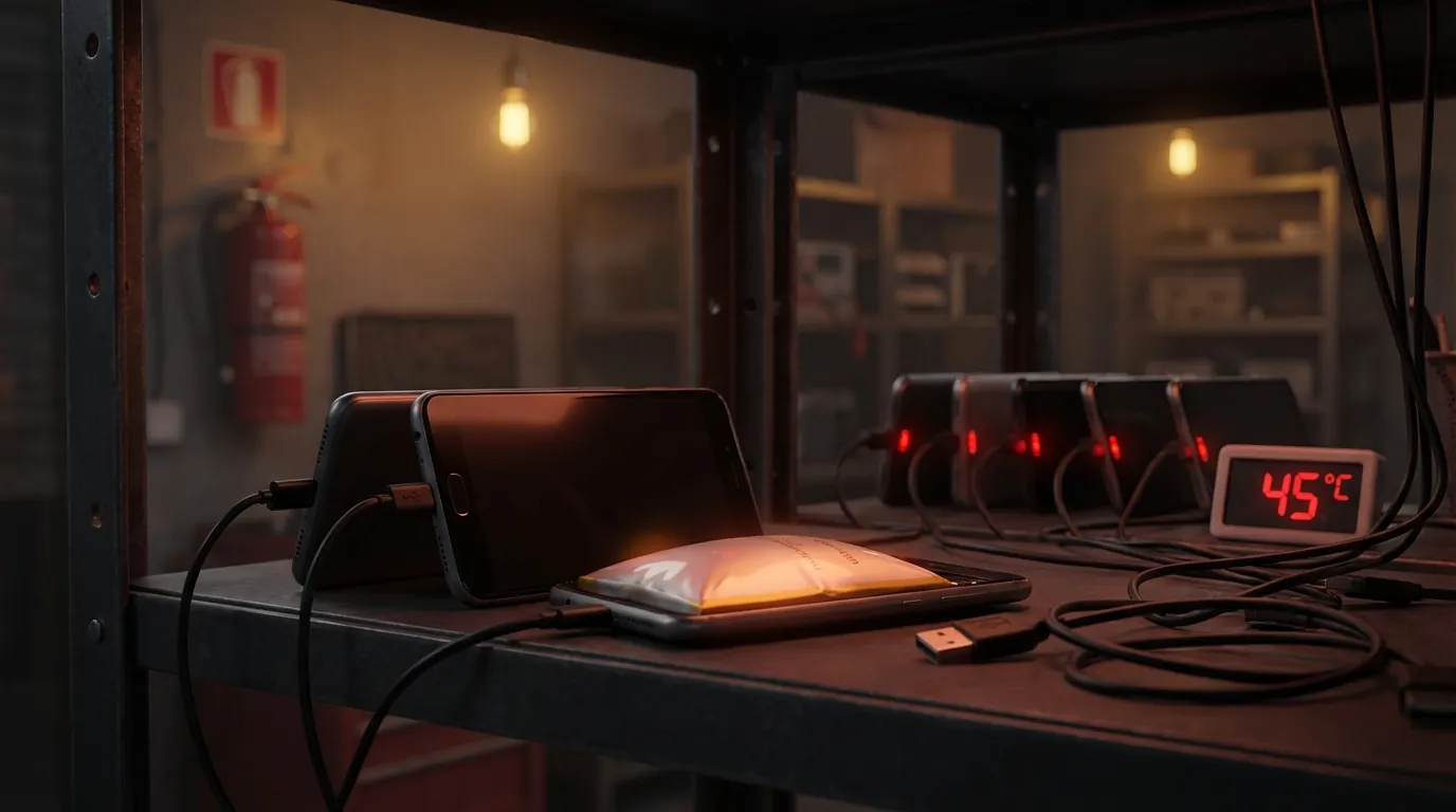 Swollen lithium-ion batteries on a phone farm rack — fire risk from 200 devices charging 24/7
