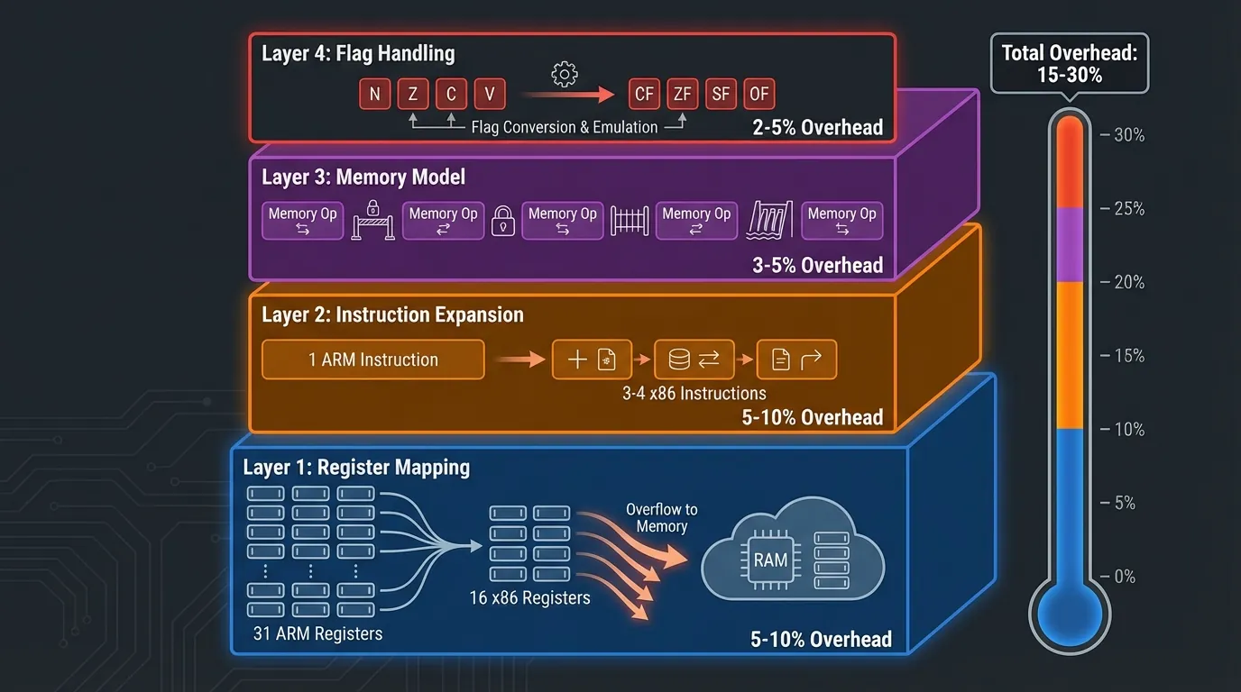 Four technical overhead layers of binary translation — Register Mapping Instruction Expansion Memory Model and Flag Handling
