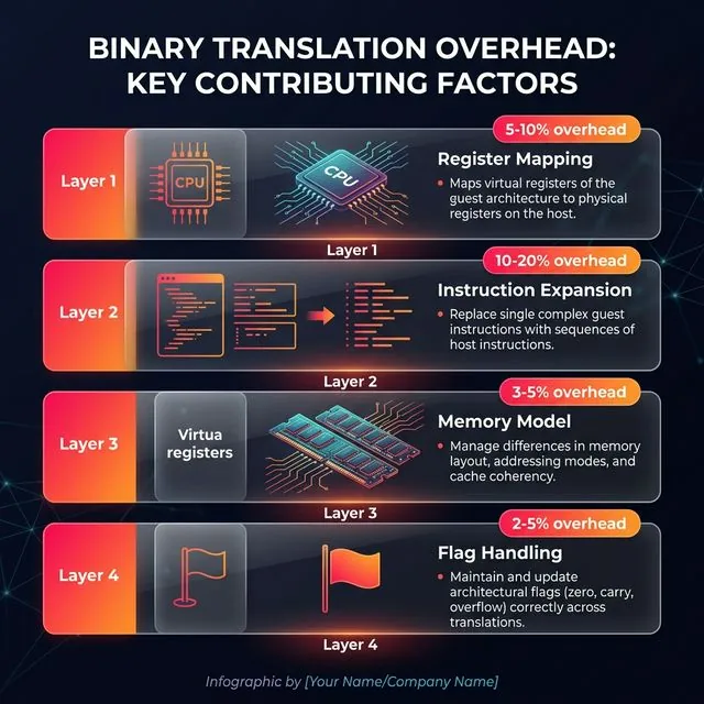 4 layers of technical overhead in Binary Translation — Register Mapping, Instruction Expansion, Memory Model, Flag Handling