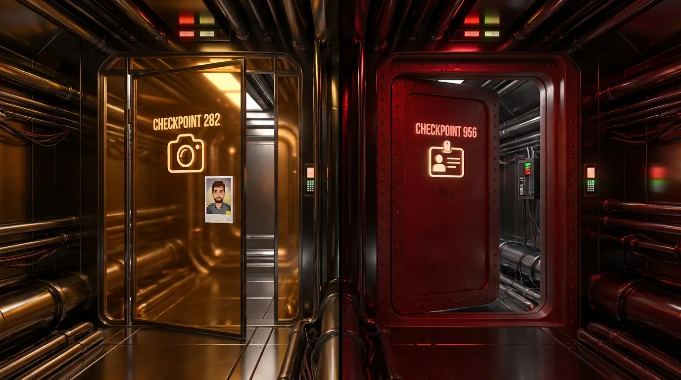 Checkpoint 282 vs 956 comparison showing photo verification gate versus identity document vault lock with severity indicators
