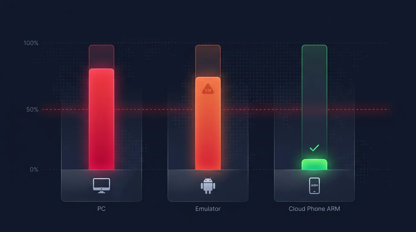 Dashboard comparing checkpoint rates: PC (high), Emulator (high), ARM Cloud Phone (under 5%)