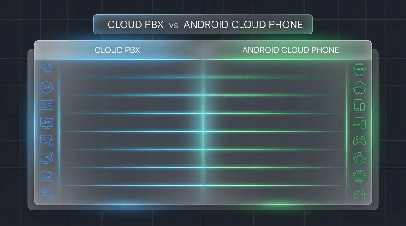 10-criteria comparison table between Cloud PBX VoIP system and Android Cloud Phone with real ARM hardware