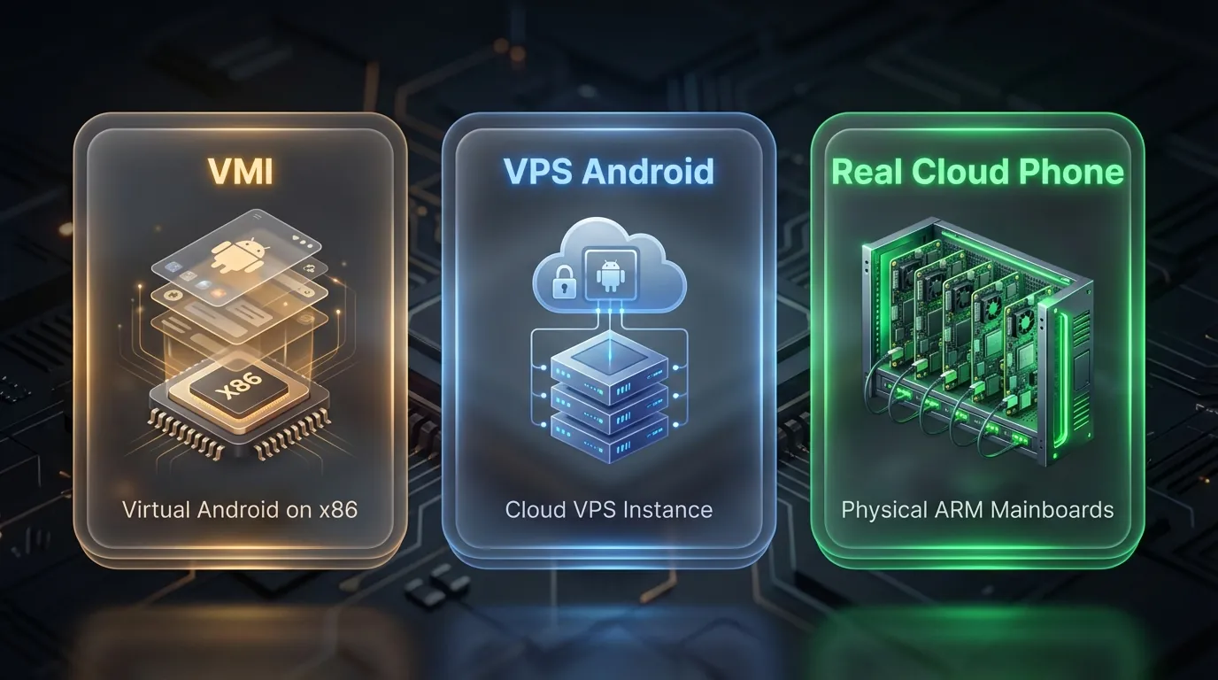 3 types of Cloud Phones on the market — Comparing VMI, VPS Android, and Real Cloud Phone architectures 3 types of Cloud Phones on the market — Comparing VMI, VPS Android, and Real Cloud Phone architectures