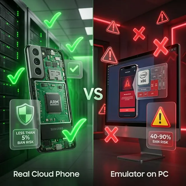 Comparison Cloud Phone real ARM vs Emulator x86 — detection rate <5% vs 40-90%