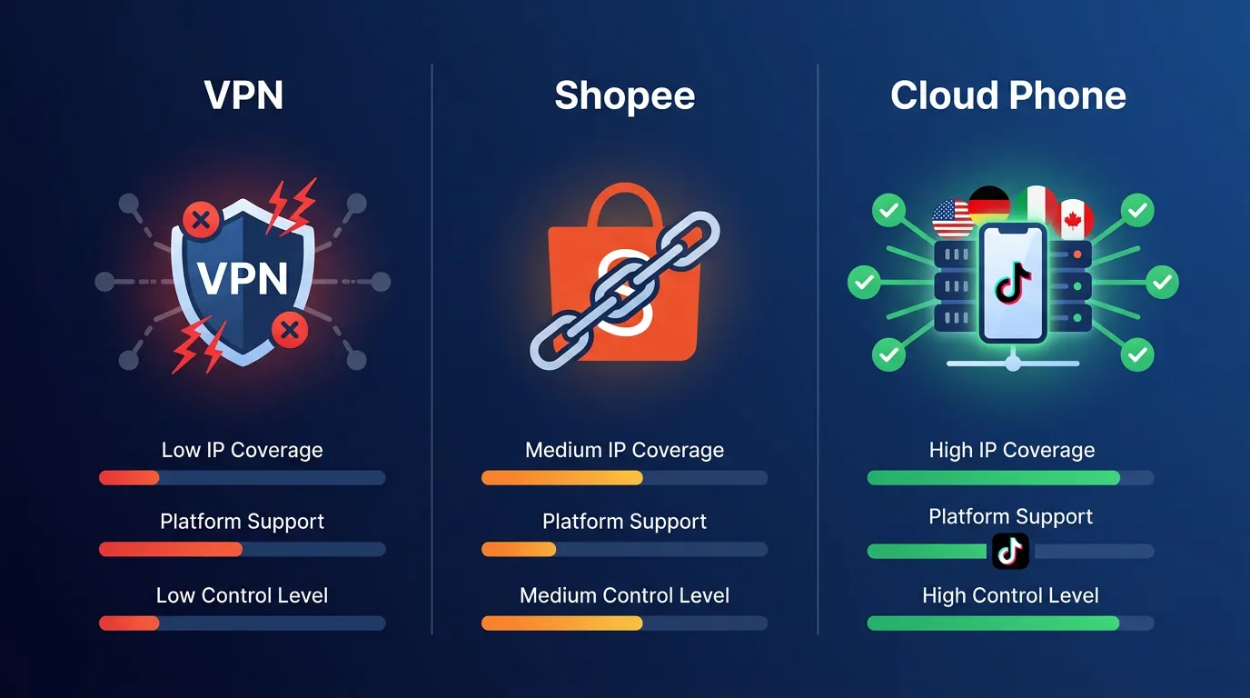 So sánh 3 giải pháp e-commerce xuyên biên giới: VPN, Shopee SIP, Cloud Phone ARM — 5 tiêu chí bao gồm IP quốc gia, TikTok Shop support, device fingerprint, chi phí, và control So sánh 3 giải pháp e-commerce xuyên biên giới: VPN, Shopee SIP, Cloud Phone ARM — 5 tiêu chí bao gồm IP quốc gia, TikTok Shop support, device fingerprint, chi phí, và control