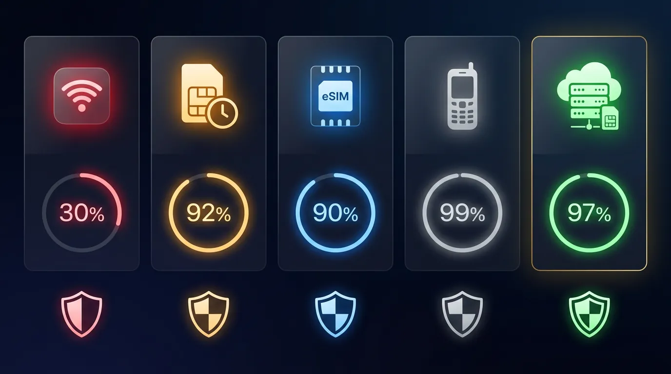 Bảng so sánh 5 phương pháp nhận SMS OTP: Virtual Number App, SIM Rental, eSIM, Burner Phone, Cloud Phone SIM — 6 tiêu chí bao gồm carrier type, success rate, chi phí, giữ số dài hạn, scale, và privacy