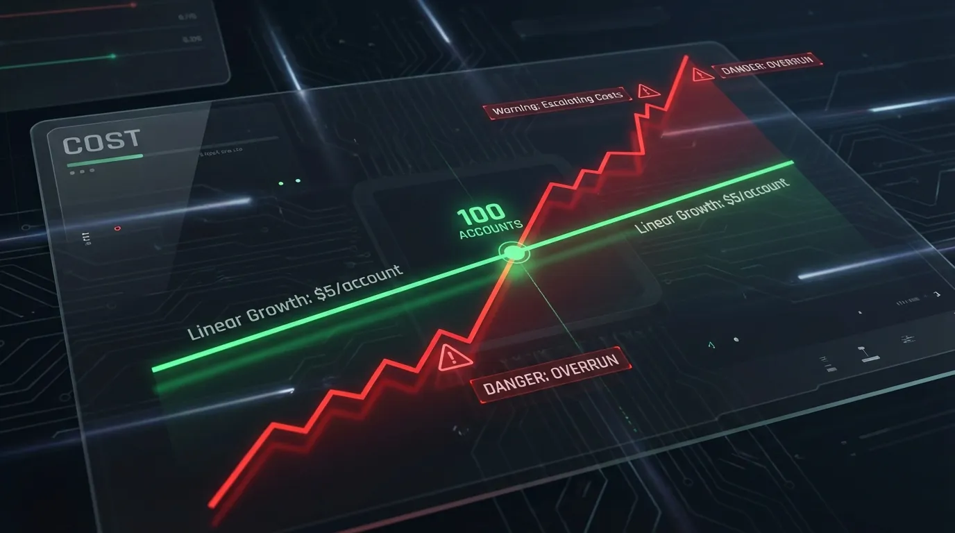 Total cost of ownership comparison showing VPS Android vs Cloud Phone costs crossing at 100 accounts