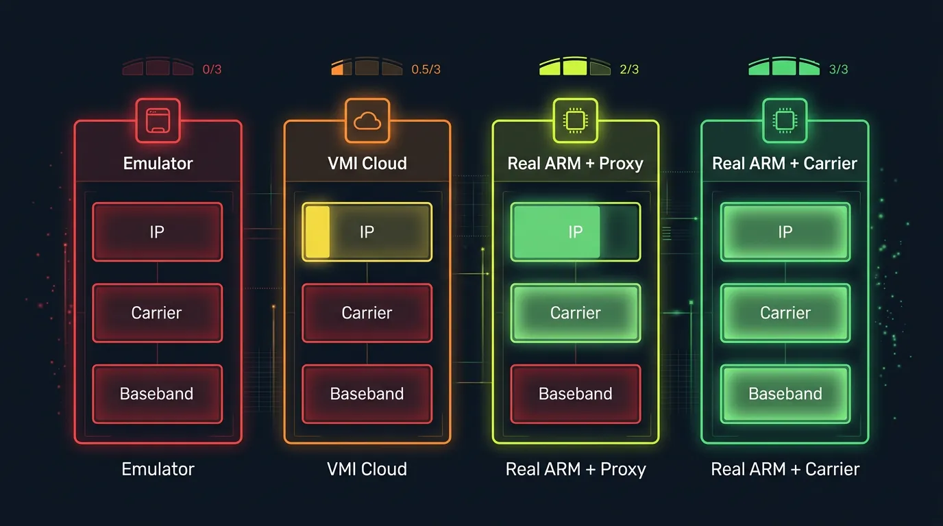 Cross-layer network validation comparing 4 platforms — emulator vs VMI vs ARM+Proxy vs ARM+Carrier