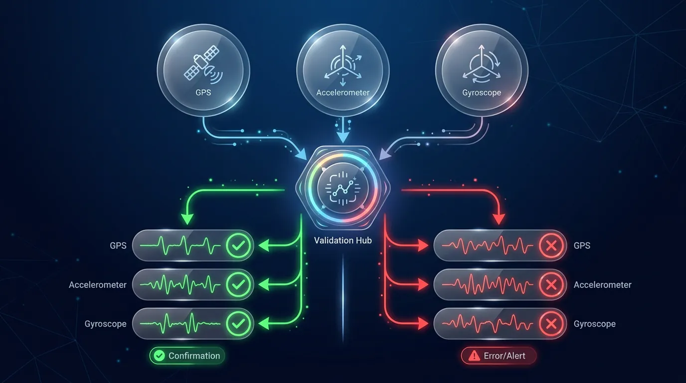Cross-signal validation between GPS gyroscope accelerometer — 3 sensors must report consistent device state