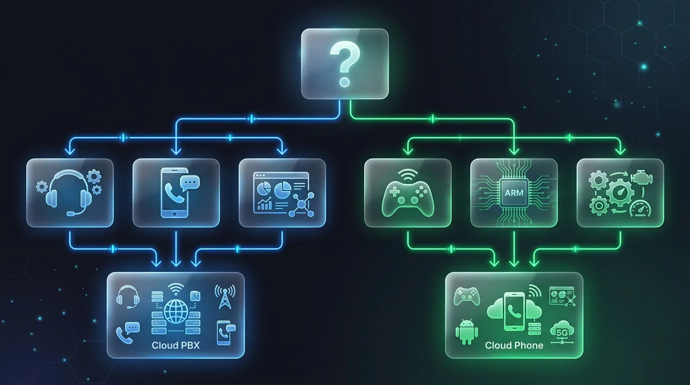 Decision flowchart for choosing Cloud PBX or Android Cloud Phone based on 4 self-check questions