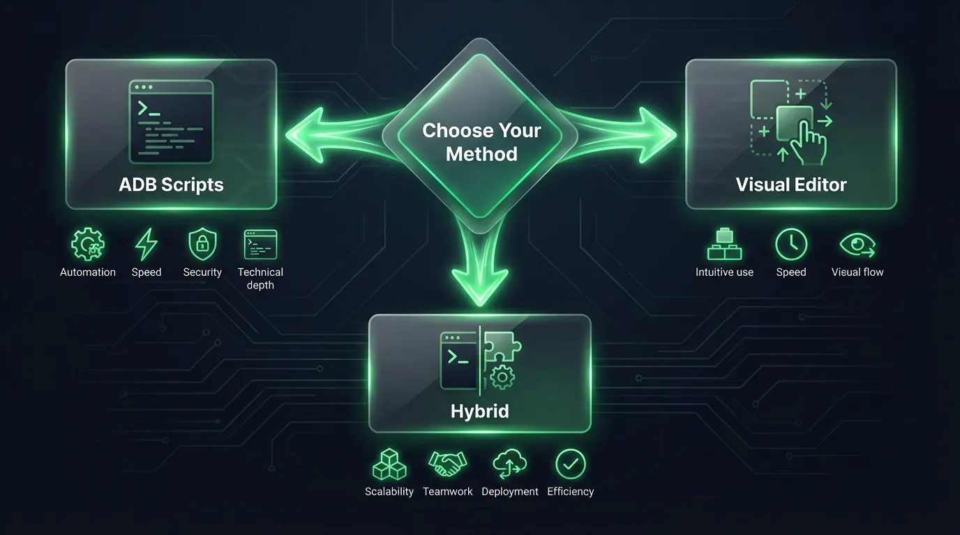 Decision matrix — choosing ADB Scripts, Visual, or Hybrid based on skill level and use case