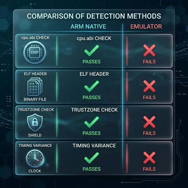 Detection methods comparison between ARM native and emulator — cpu.abi, ELF header, TrustZone, Timing variance