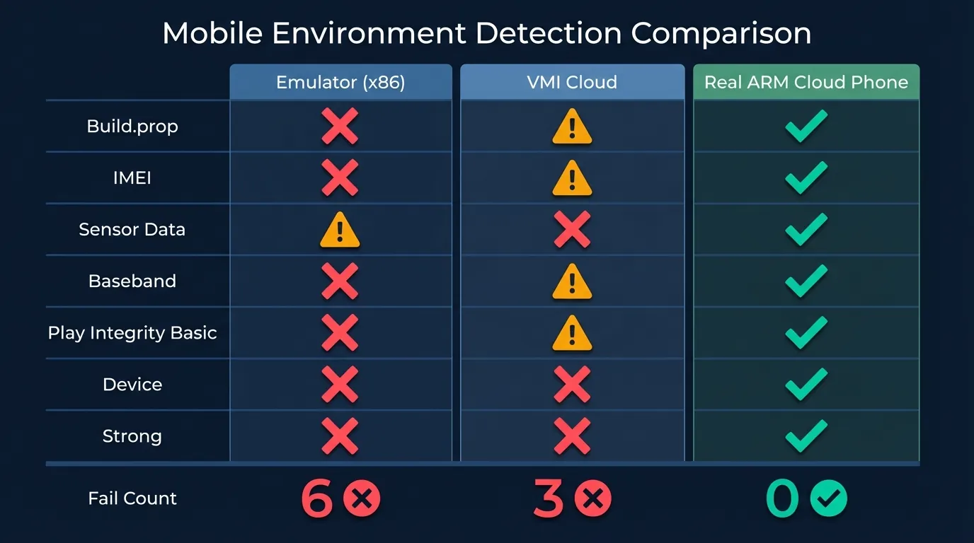 So sánh fingerprint giữa giả lập x86, VMI Cloud và Real ARM Cloud Phone qua 7 lớp kiểm tra