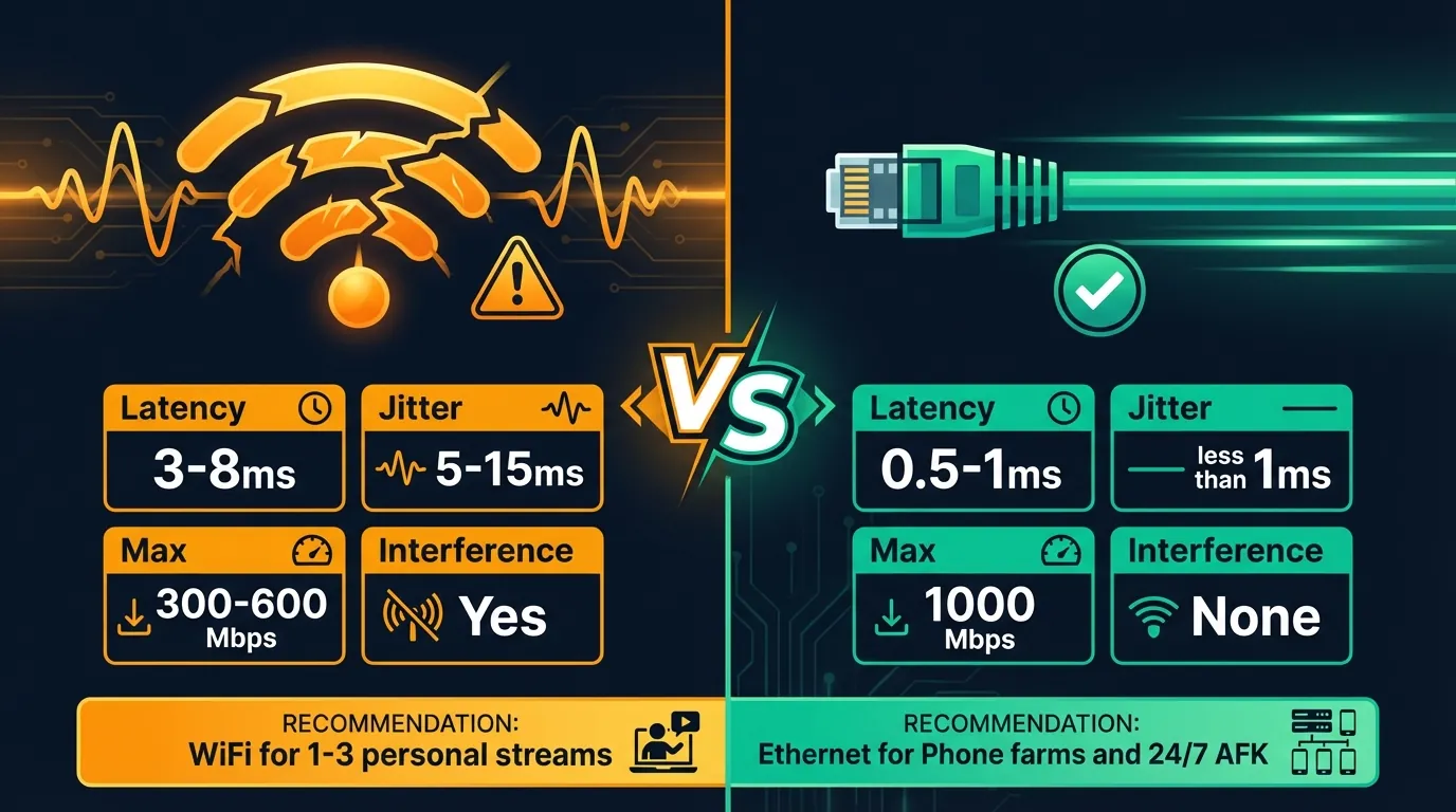 Ethernet Cat 6 vs WiFi 5GHz comparison for cloud phone — latency, jitter, and throughput Ethernet Cat 6 vs WiFi 5GHz comparison for cloud phone — latency, jitter, and throughput