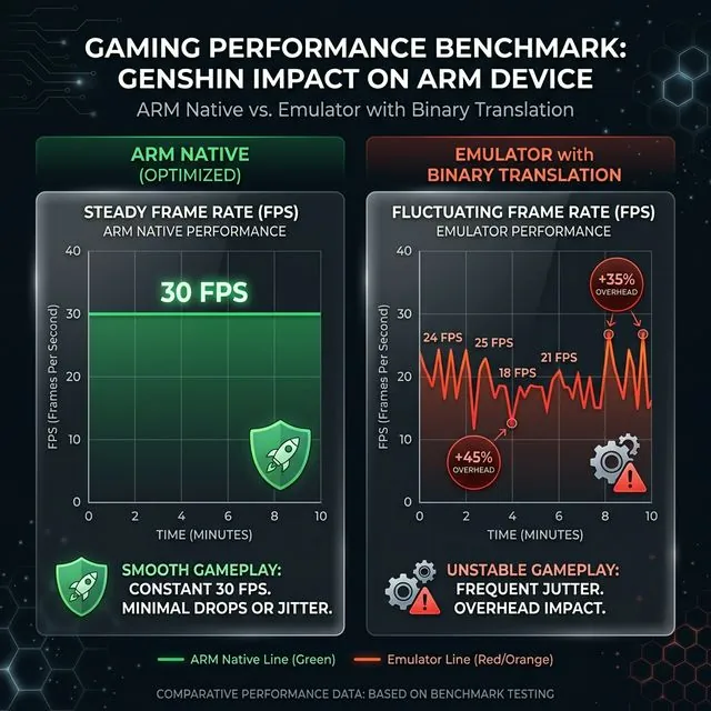 FPS benchmark comparison — Genshin Impact 30 FPS ARM native vs 15-25 FPS emulator with 40-50% overhead