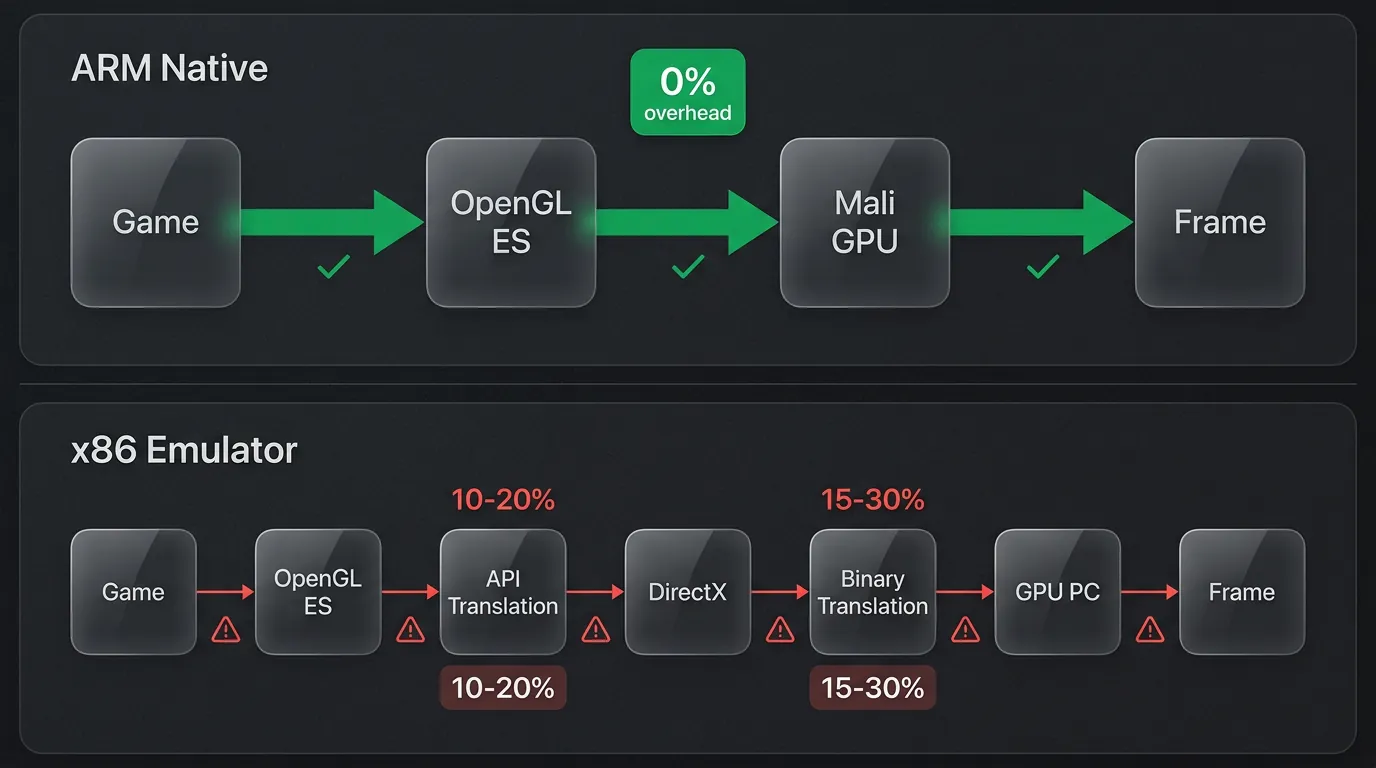 Comparison of GPU rendering paths on ARM native cloud phone vs x86 emulator with 3 translation layers causing performance loss