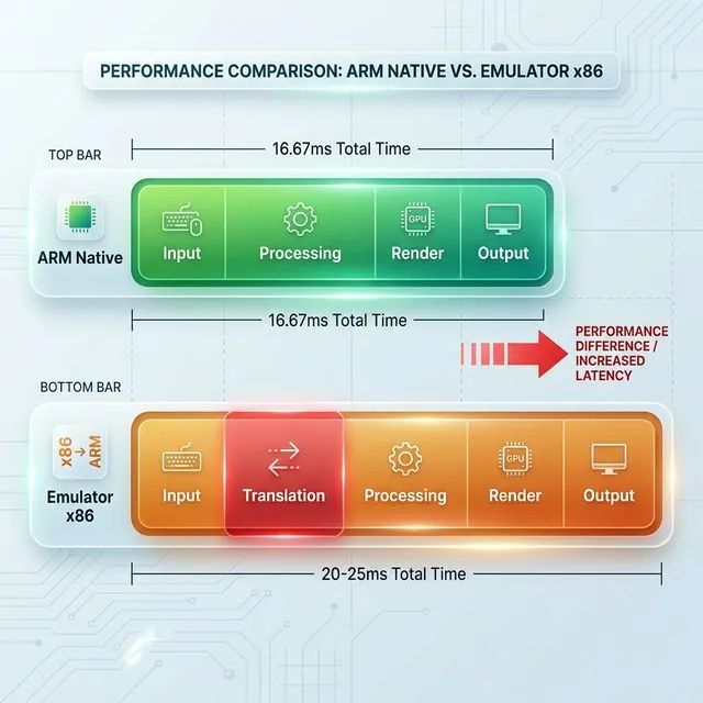 Input lag timeline comparison — ARM native execution 16.67ms vs emulator with binary translation layer 20-25ms