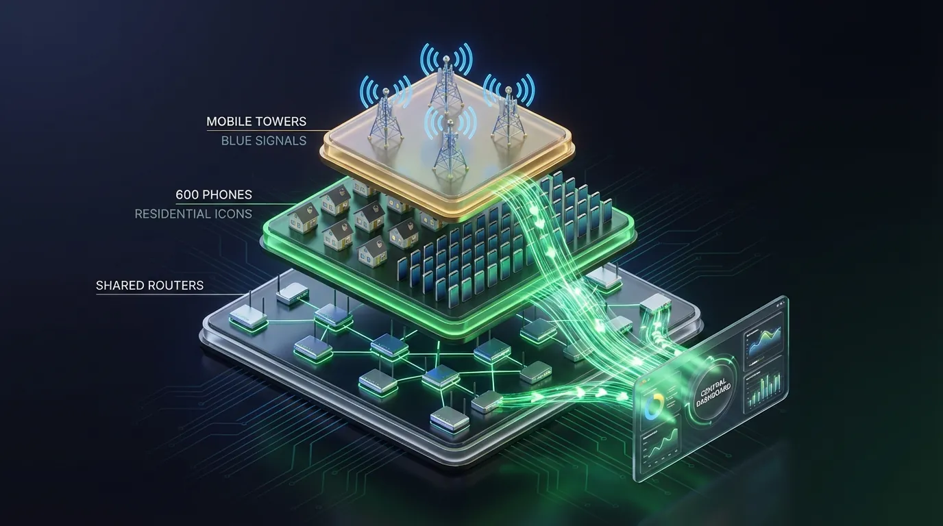 Hybrid 3-tier IP strategy for 1,000 Facebook accounts showing mobile, residential, and shared IP tiers with cost distribution