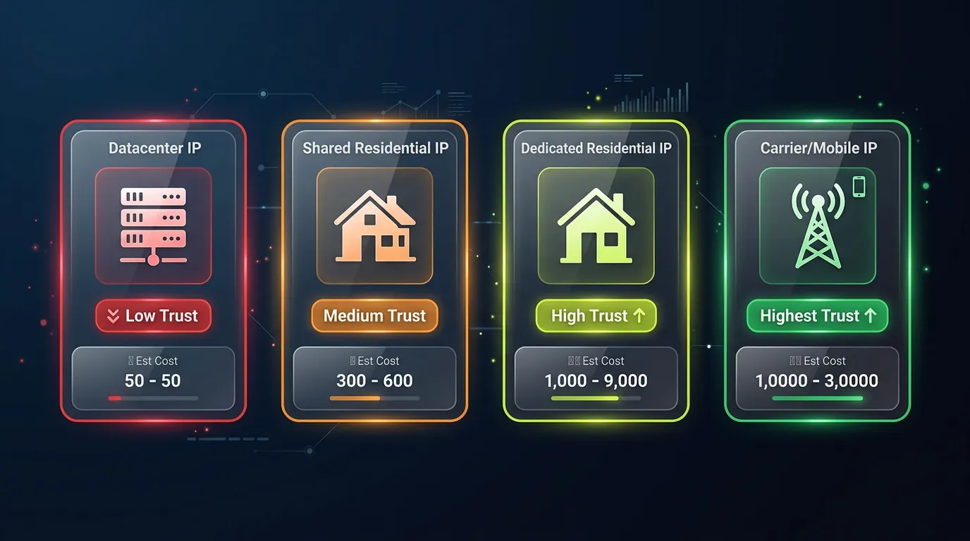 IP reputation categories from datacenter to carrier mobile — 4 trust levels for network identity