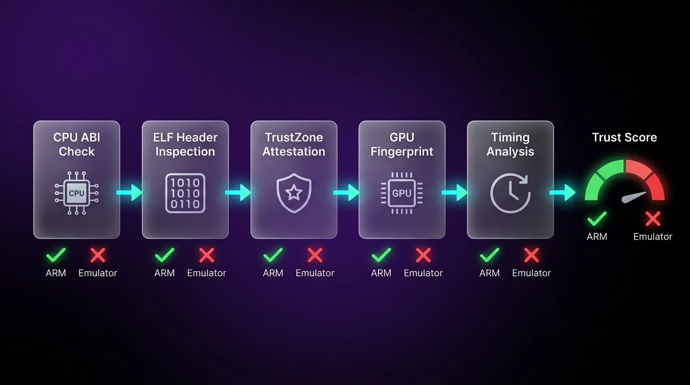 ISA detection pipeline from instruction set to trust score — ARM pass vs emulator fail