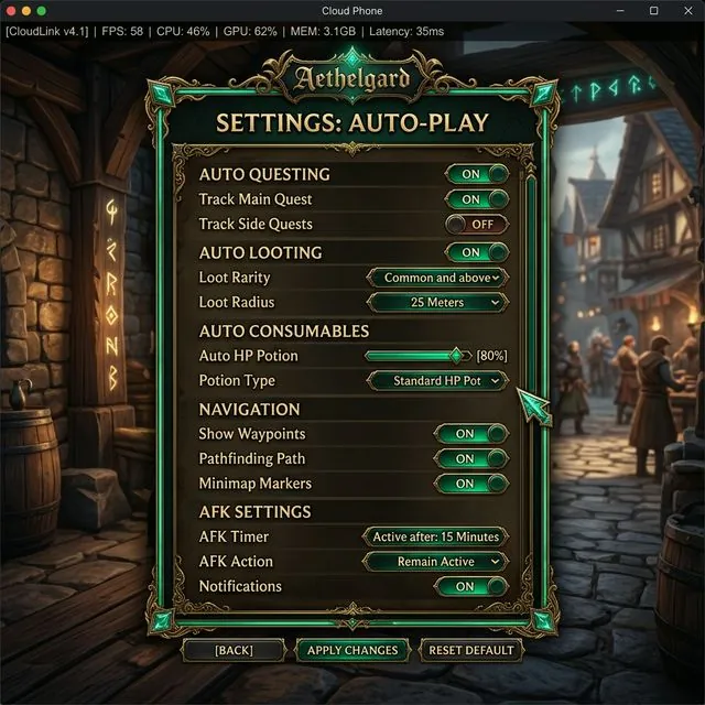 Auto quest MIR4 — settings menu with auto-play enabled