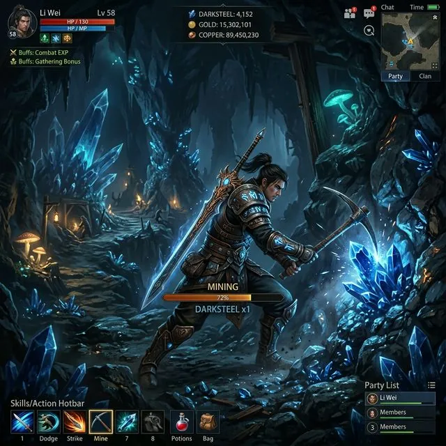 MIR4 Darksteel mining AFK farming 2026 — Screenshot of MIR4 UI showing Darksteel mining area