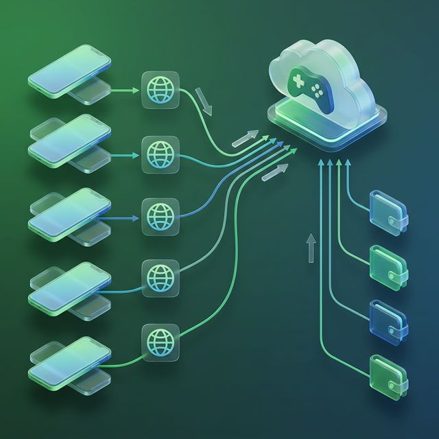 Multi-account farming diagram with Cloud Phone — each device has separate IP and wallet
