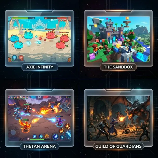 4 NFT play-to-earn games 2026 Axie Infinity, The Sandbox, Thetan Arena, Guild of Guardians — Collage of 4 game screenshots