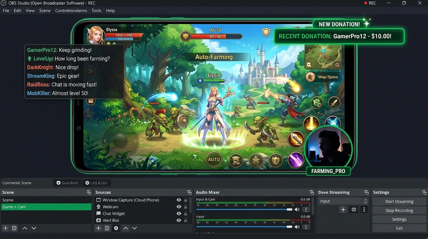 Professional OBS Studio layout for cloud phone streaming — primary game window supplemented by a webcam overlay and chat widget Professional OBS Studio layout for cloud phone streaming — primary game window supplemented by a webcam overlay and chat widget