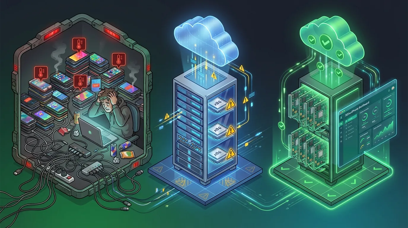 Comparison of 3 Phone Farm types: Physical Box Farm with tangled cables, VMI Cloud Phone with emulation warnings, and Real ARM Cloud Phone with authentic hardware Comparison of 3 Phone Farm types: Physical Box Farm with tangled cables, VMI Cloud Phone with emulation warnings, and Real ARM Cloud Phone with authentic hardware