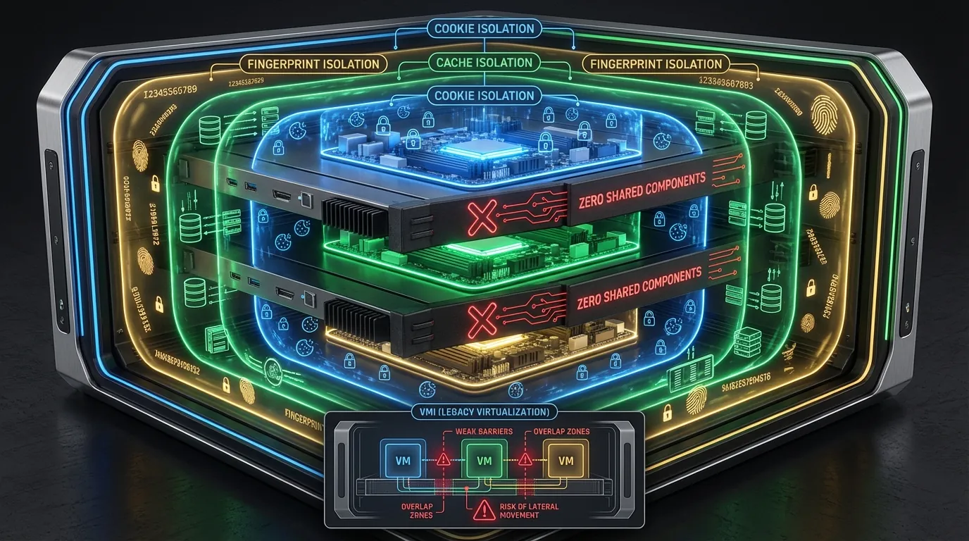 3-layer sandbox isolation model on real ARM Cloud Phone — cookies, cache, and device fingerprint separation