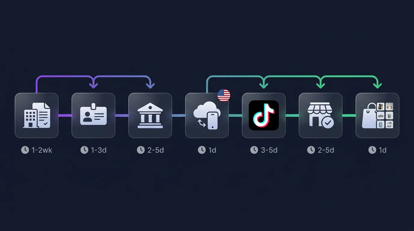 7 bước setup TikTok Shop US từ Việt Nam: LLC → EIN → Bank → Cloud Phone + Proxy → TikTok Account → Seller Center → Listing — quy trình 2-4 tuần 7 bước setup TikTok Shop US từ Việt Nam: LLC → EIN → Bank → Cloud Phone + Proxy → TikTok Account → Seller Center → Listing — quy trình 2-4 tuần